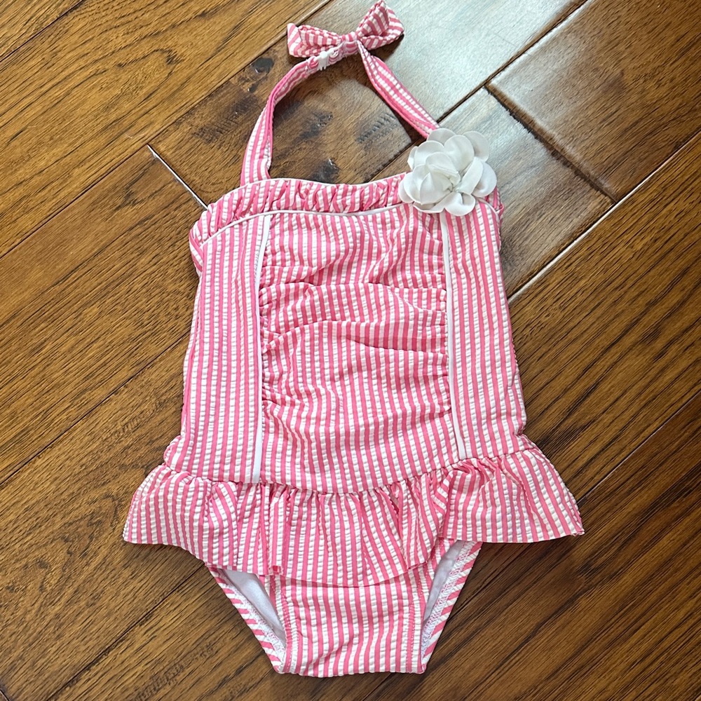 Pink Striped Kids Swimsuit with Flower Accent